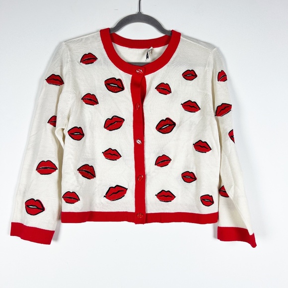 Alice + Olivia Sweaters - Alice + Olivia Daroda Kiss Lips beaded Embroidered Crewneck Cropped Cardigan XL